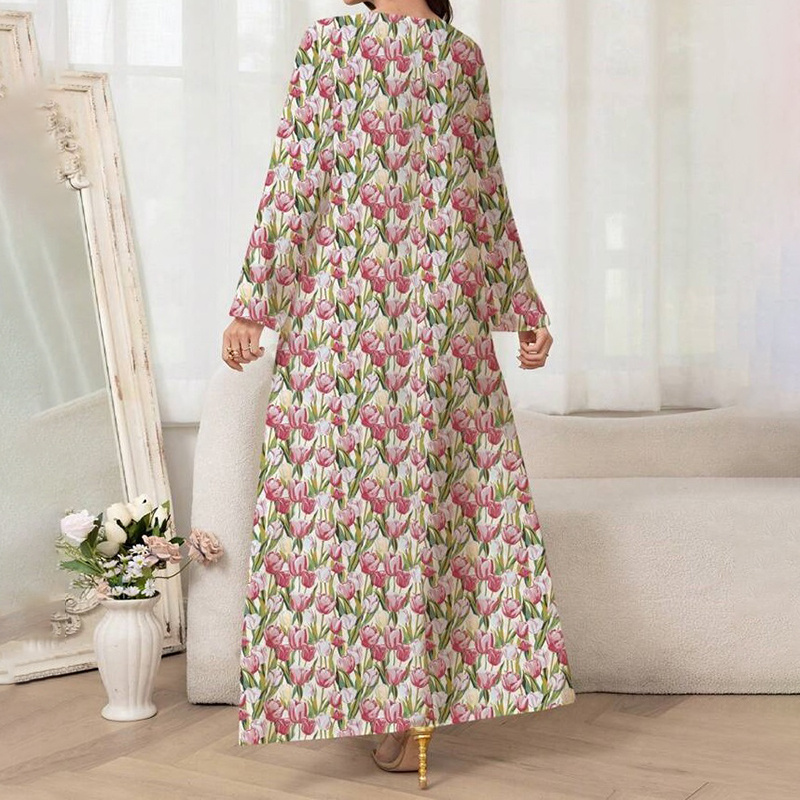 Women's Elegant Pink Floral Print Maxi Dress Vacation Style Long Sleeve A-line Flowy Dress