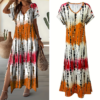 Women's Summer Tie Dye Maxi Dress Short Sleeve V Neck Casual Loose Long Split Dresses