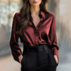 Elegant Women's Solid Color Lapel Shirt Long Sleeve Button-Down Blouse For Office And Formal Wear