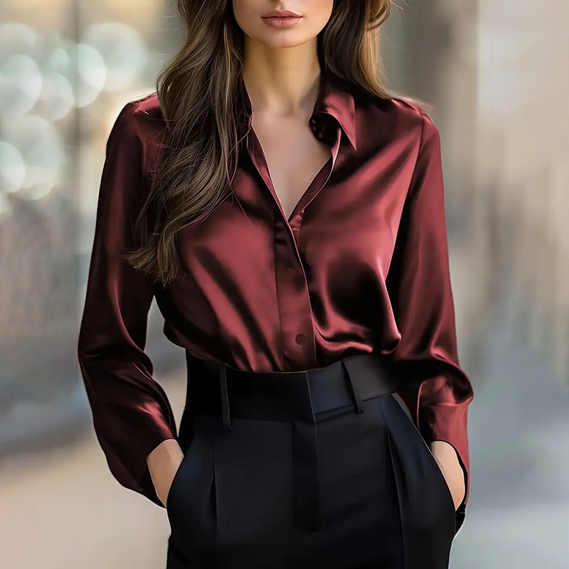 Elegant Women's Solid Color Lapel Shirt Long Sleeve Button-Down Blouse For Office And Formal Wear
