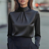 Women's Solid Color Long Sleeve Turtleneck Shirt, Pleated Detail Blouse For Office Wear And Formal Occasions
