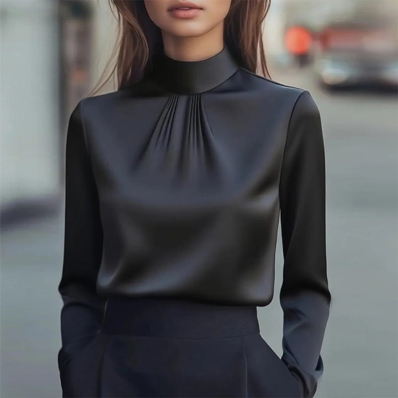 Women's Solid Color Long Sleeve Turtleneck Shirt, Pleated Detail Blouse For Office Wear And Formal Occasions