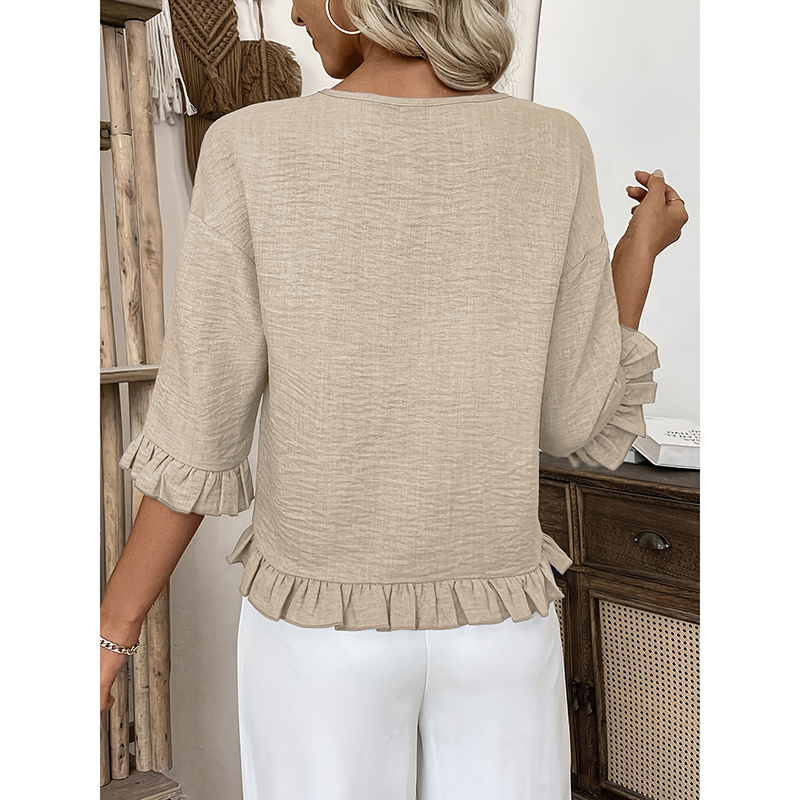 Womens 3 4 Length Sleeve Tops Loose Fit Casual Crew Neck Shirts Ruffle Tunic Blouses