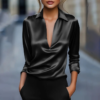 Elegant Women's V-Neck Long Sleeve Blouse With Satin Sheen Solid Color Formal Shirt For Spring Fall