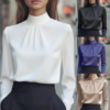Women's Solid Color Long Sleeve Turtleneck Shirt, Pleated Detail Blouse For Office Wear And Formal Occasions