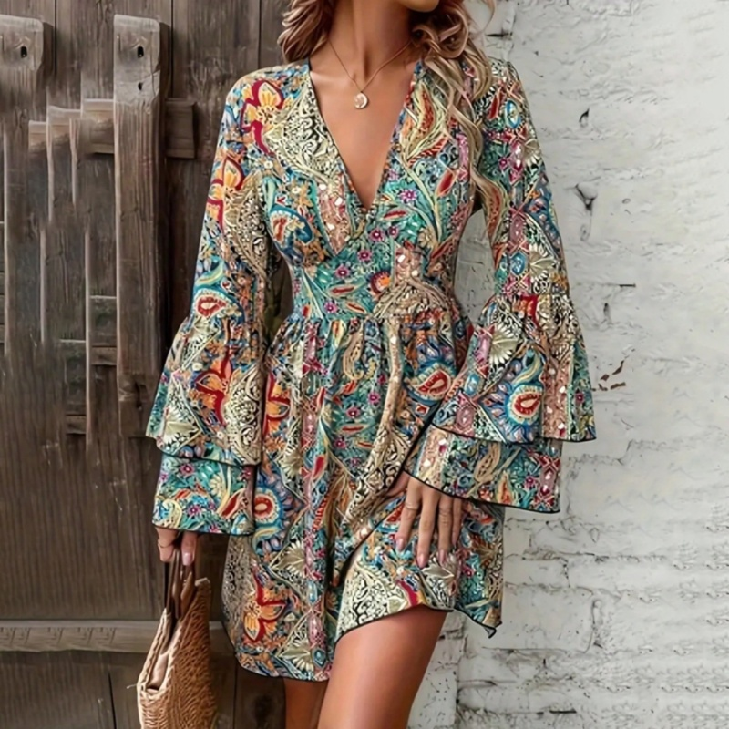 Elegant V-Neck Floral Print Dress - Layered Bell Sleeves, A-Line Waisted Party Dress For Women, Spring Summer Holiday Outfit