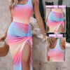 Women's Sleeveless Bodycon Dress - Round Neck Waist Ruffled Side Slit Tight Long Dress