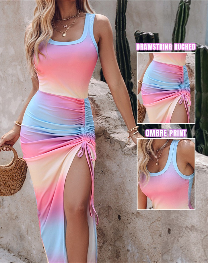 Women's Sleeveless Bodycon Dress - Round Neck Waist Ruffled Side Slit Tight Long Dress