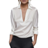 Elegant Women's V-Neck Long Sleeve Blouse With Satin Sheen Solid Color Formal Shirt For Spring Fall