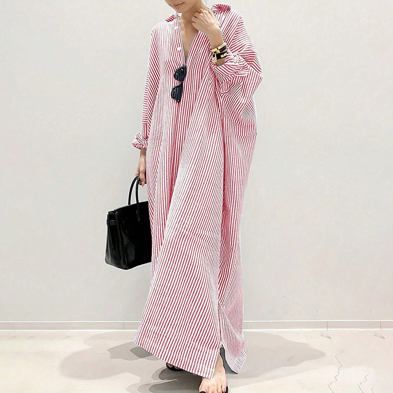 Womens Striped Long Sleeve Dress Casual Loose Button Down Maxi Shirt Dress