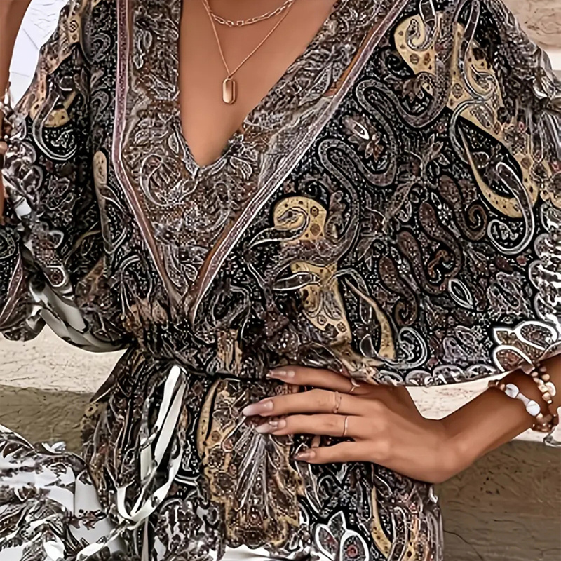 Women's Vintage Floral Butterfly Print Dress - Batwing Sleeve, Deep V-Neck & Ruffle Waist With Tie Detail