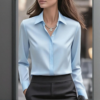 Women's Long Sleeve Satin Blouse, V Neck Loose Fit Tunic Top For Business Casual Office Fall
