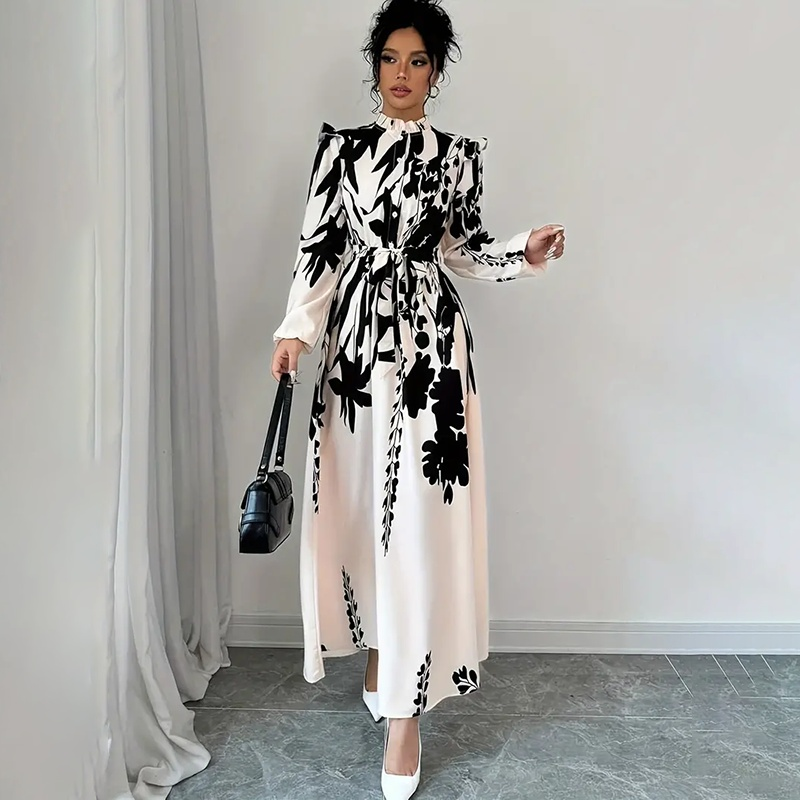 Women's Floral Print Long Sleeve Maxi Dress - Stand Collar A-Line Dress With Waist Detail, Lantern Sleeves & Ruffle Hem For Spring&Fall