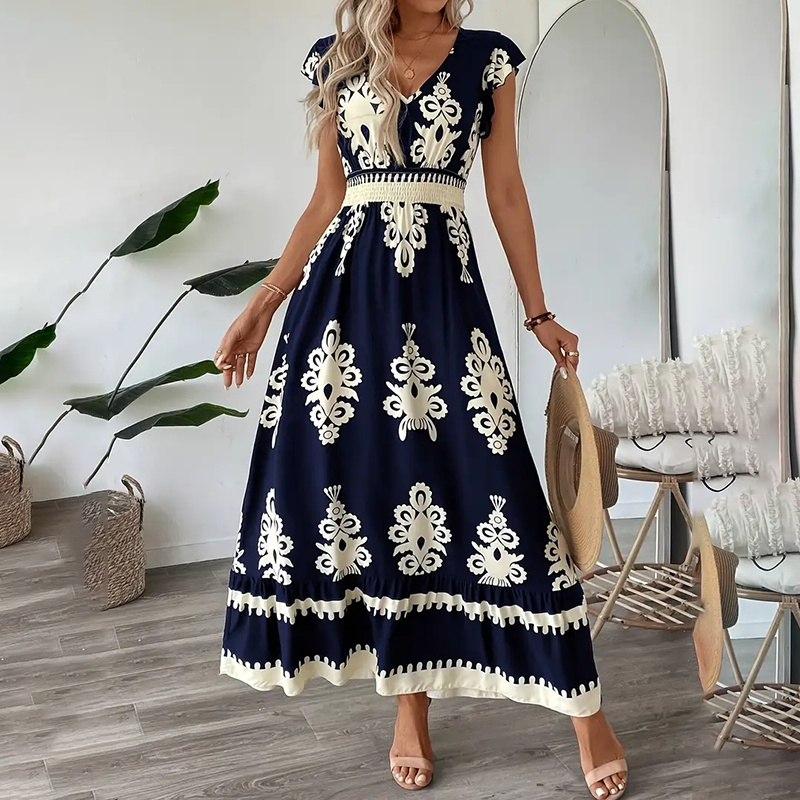 Women's Summer Flowy Maxi Dress Casual Cap Sleeve V Neck Smocked Waist Beach Sundress