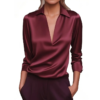 Elegant Women's V-Neck Long Sleeve Blouse With Satin Sheen Solid Color Formal Shirt For Spring Fall