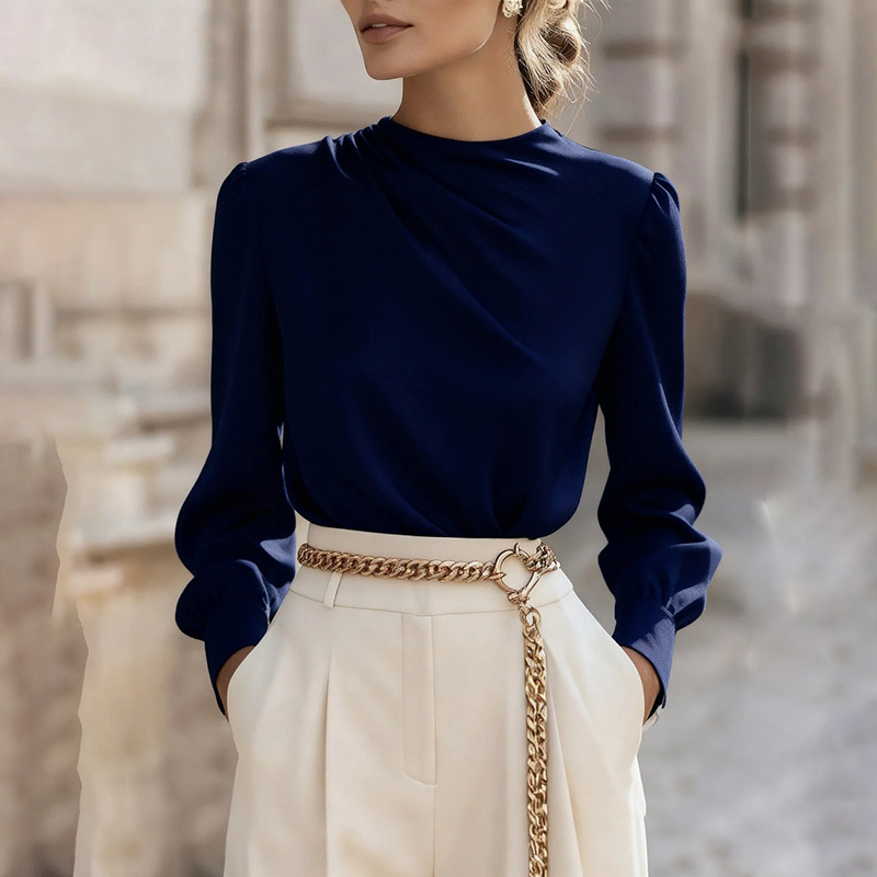 Women's Pleated Long Sleeve Blouse, Round Neck Business Casual Shirt, Dressy Fall 2025 Work Tops