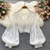 Solid Color Elegant V-Net Lantern Sleeve Lace Top - Sheer Back Tie Detail Women's Fashion Blouse