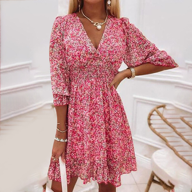 Womens Boho Floral Deep V Neck Smocked Elastic Waist Casual A-Line Swing Mini Dress Sundress