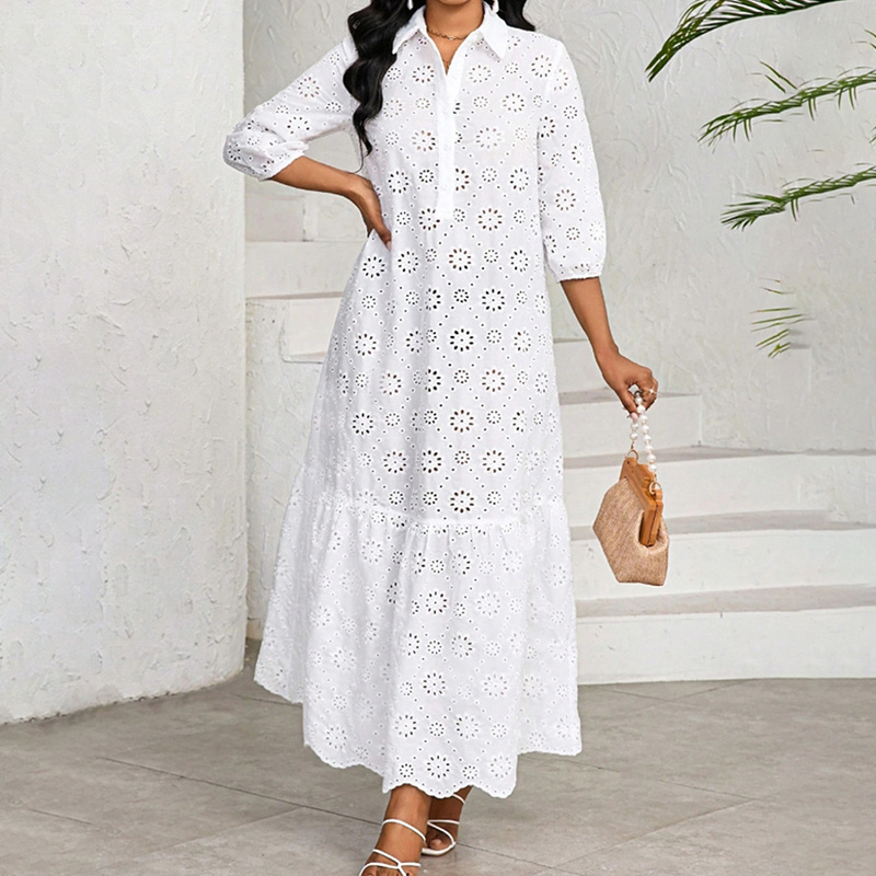 Women's Hollow Out Long Sleeve Maxi Dress - V-Neck Eyelet Casual Dress For Spring & Fall