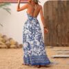 Women's V-Neck Strappy Floral Print Backless Maxi Dress, A-Line Summer Vacation Dress