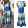 Women's Summer Tie Dye Maxi Dress Short Sleeve V Neck Casual Loose Long Split Dresses