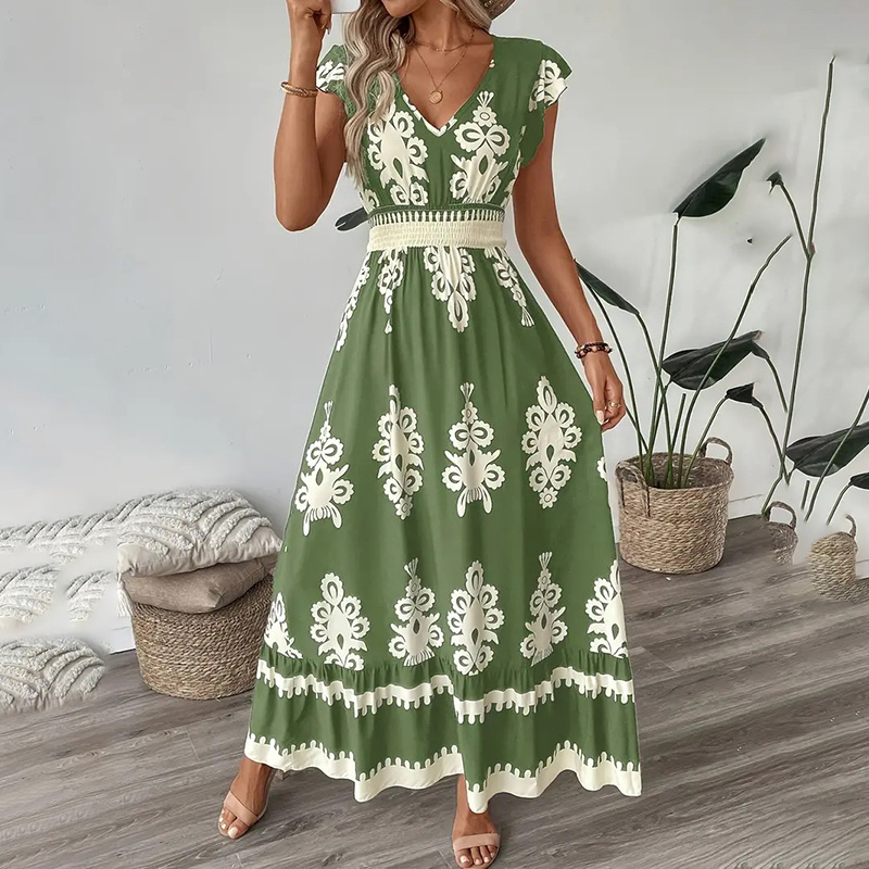 Women's Summer Flowy Maxi Dress Casual Cap Sleeve V Neck Smocked Waist Beach Sundress