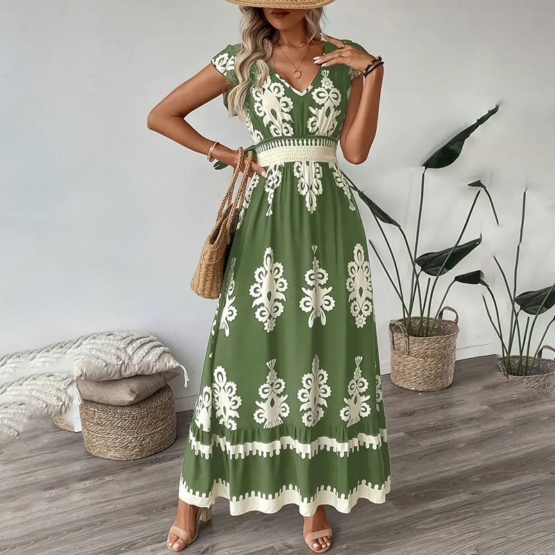 Women's Summer Flowy Maxi Dress Casual Cap Sleeve V Neck Smocked Waist Beach Sundress