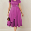 Asymmetrical Hem Short Sleeve V-neck Cross Elegant Solid Color Rhinestone Dress Rose Purple