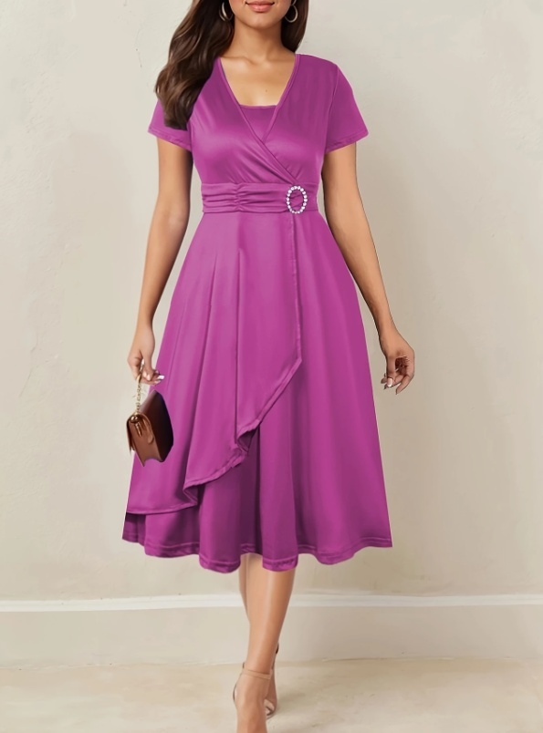 Asymmetrical Hem Short Sleeve V-neck Cross Elegant Solid Color Rhinestone Dress Rose Purple