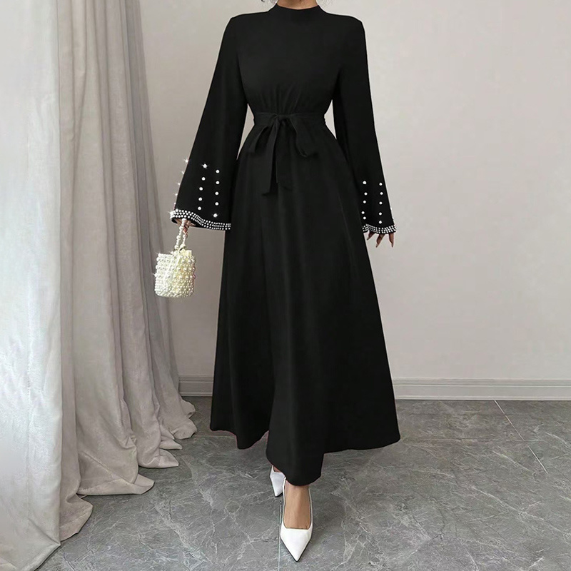 Women's Elegant Long Sleeve Maxi Dress - Sparkling Embellished High Neck Formal Gown With Waist Belt, Flowy Evening Dress For Vacation & Special Occasions