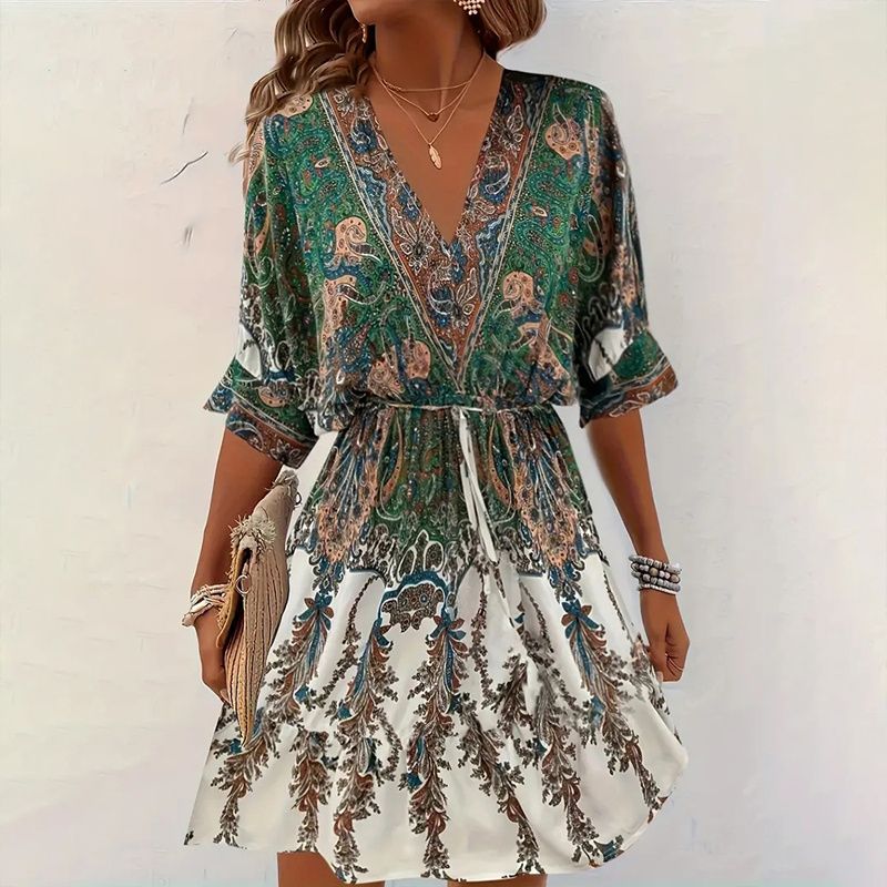 Women's Vintage Floral Butterfly Print Dress - Batwing Sleeve, Deep V-Neck & Ruffle Waist With Tie Detail