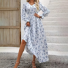 Women's V-Neck Floral Print Long Sleeve Maxi Dress - A-Line Hem With Lace Cuff Details, Elegant Bodycon Dress For Spring&Summer