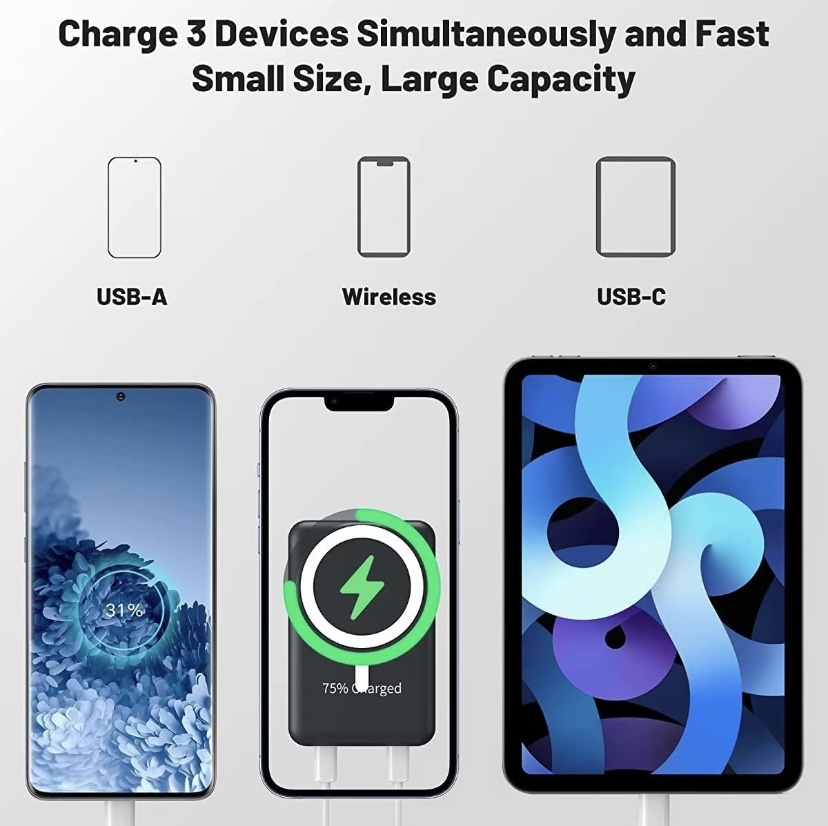 Power Bank Magnetic Portable Wireless FastCharger 10000mAh Type - C Cable LEDDisplay 22.5W PD Fast Charging LightingMag-Safe Battery Pack For IPhone15 14 13 12 Mini Pro Pro Max Devices Digital