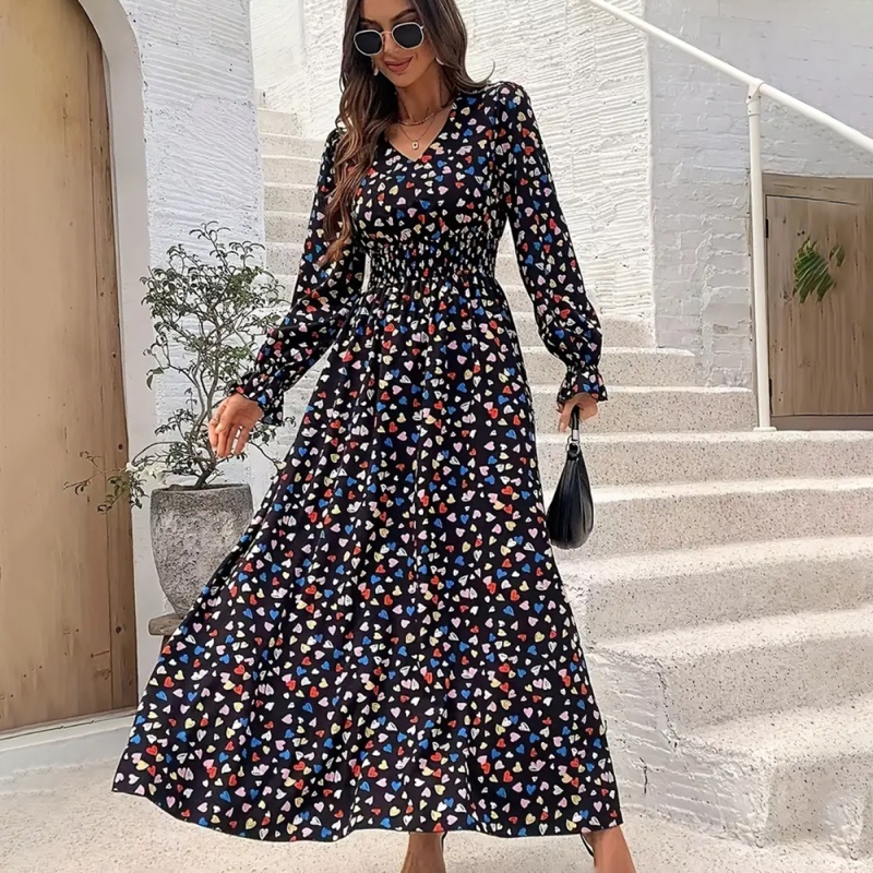 Women's V-Neck Floral Print Long Sleeve Maxi Dress - A-Line Hem With Lace Cuff Details, Elegant Bodycon Dress For Spring&Summer