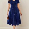 Asymmetrical Hem Short Sleeve V-neck Cross Elegant Solid Color Rhinestone Dress Blue