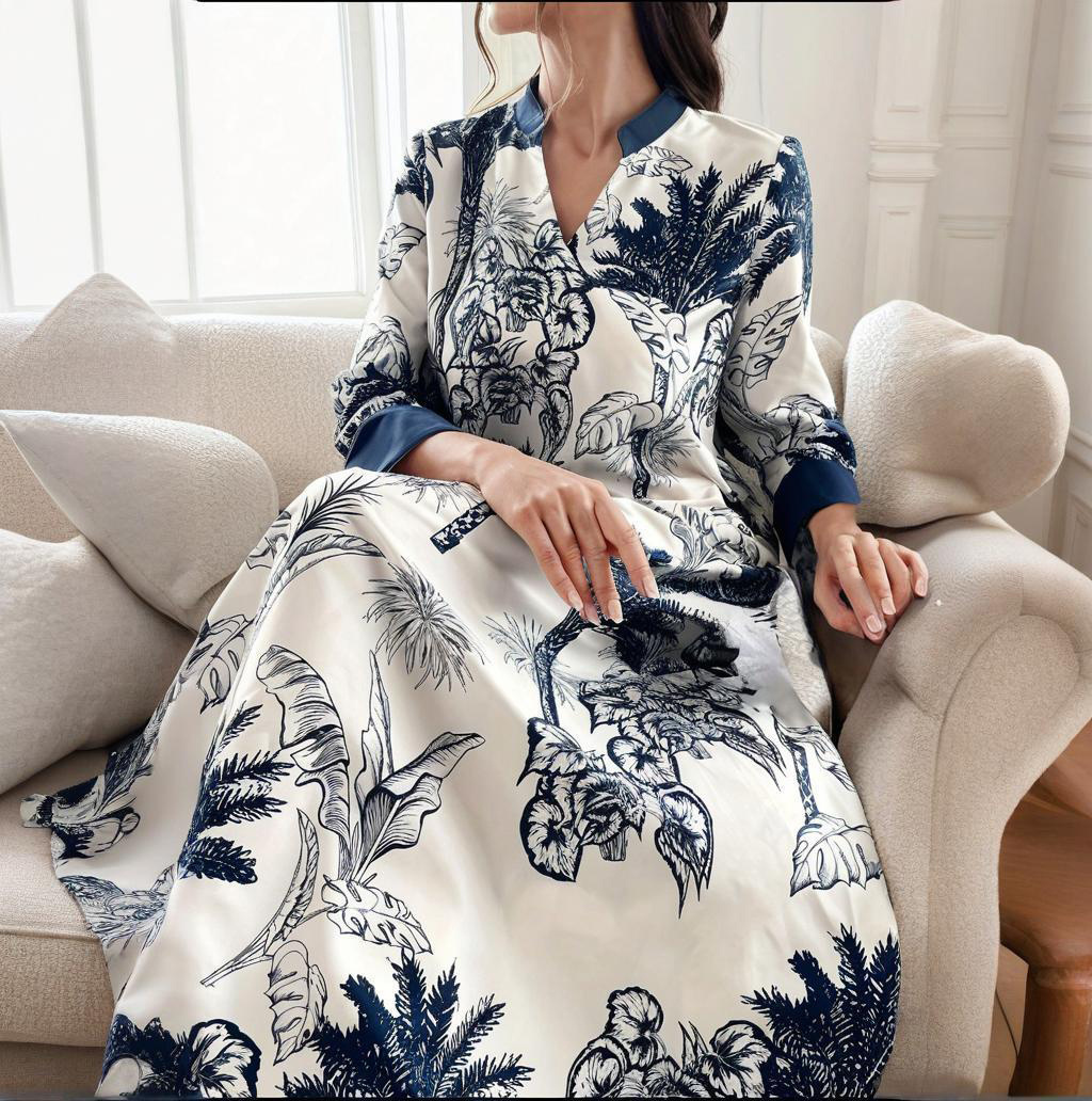 Women's Plus Size Elegant Floral Ink Painting Casual Tunic Dress Notched V Neck Long Sleeve Maxi Dress
