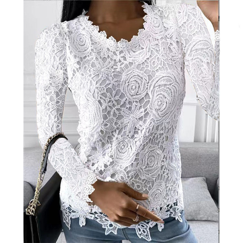 Plus Size Women's Solid Lace Top, Floral Pattern Round Neck Long Sleeve Blouse For Spring And Fall