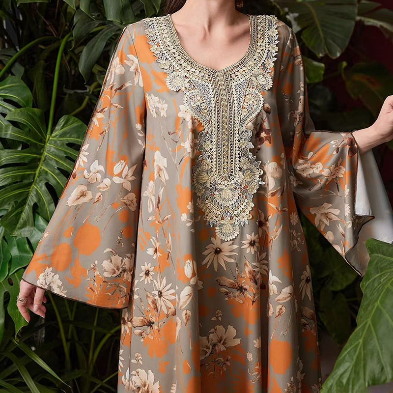 Women's Elegant Plus Size Floral Print Maxi Dress - Middle Eastern Bohemian Style Embroidery Long Dress