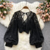 Solid Color Elegant V-Net Lantern Sleeve Lace Top - Sheer Back Tie Detail Women's Fashion Blouse