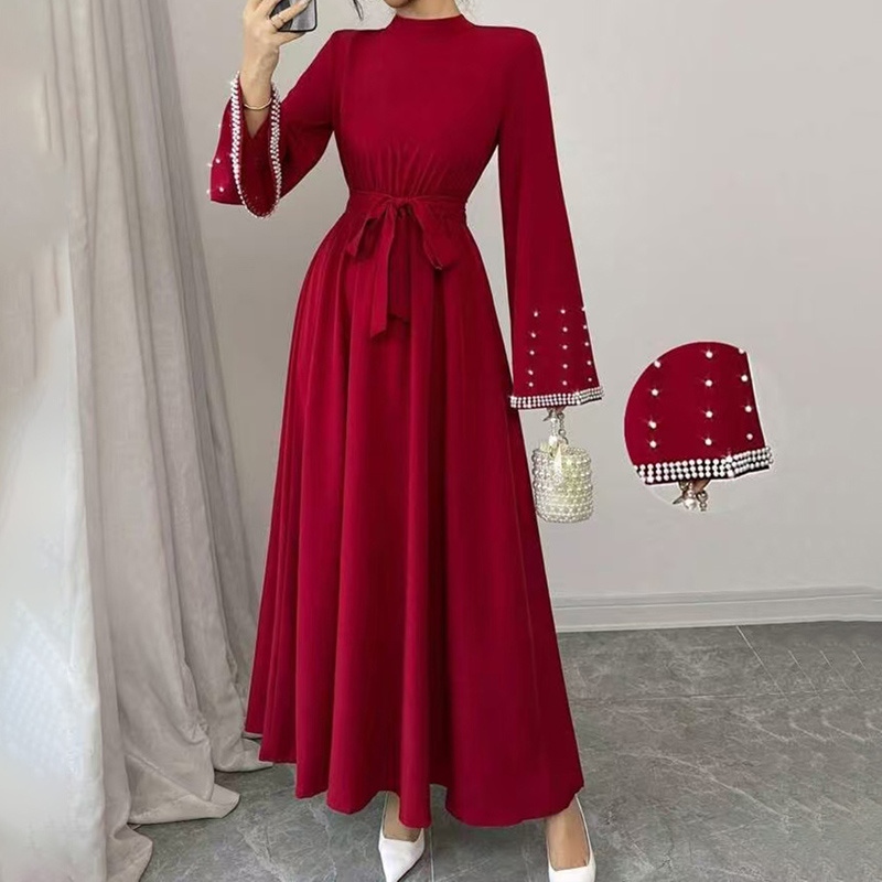 Women's Elegant Long Sleeve Maxi Dress - Sparkling Embellished High Neck Formal Gown With Waist Belt, Flowy Evening Dress For Vacation & Special Occasions