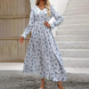 Women's V-Neck Floral Print Long Sleeve Maxi Dress - A-Line Hem With Lace Cuff Details, Elegant Bodycon Dress For Spring&Summer