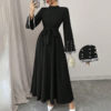 Women's Elegant Long Sleeve Maxi Dress - Sparkling Embellished High Neck Formal Gown With Waist Belt, Flowy Evening Dress For Vacation & Special Occasions