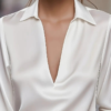 Elegant Women's V-Neck Long Sleeve Blouse With Satin Sheen Solid Color Formal Shirt For Spring Fall