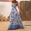 Women's V-Neck Strappy Floral Print Backless Maxi Dress, A-Line Summer Vacation Dress