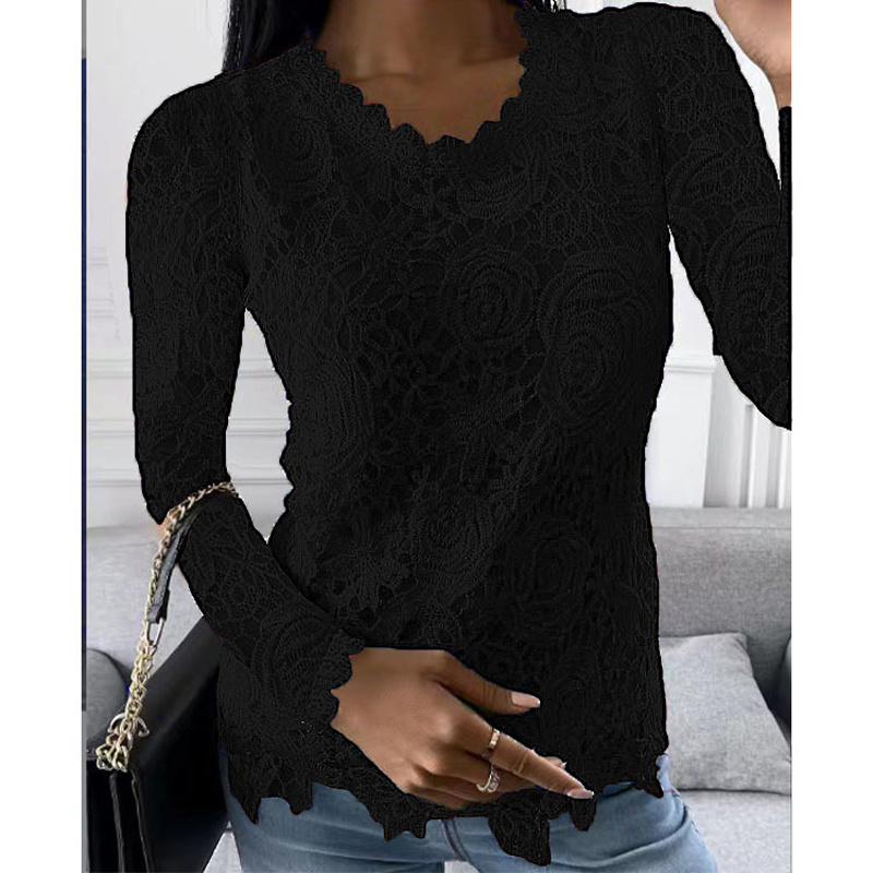 Plus Size Women's Solid Lace Top, Floral Pattern Round Neck Long Sleeve Blouse For Spring And Fall