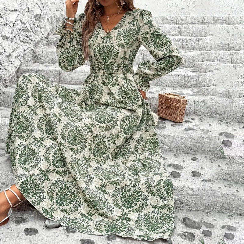 Women's V-Neck Floral Print Long Sleeve Maxi Dress - A-Line Hem With Lace Cuff Details, Elegant Bodycon Dress For Spring&Summer
