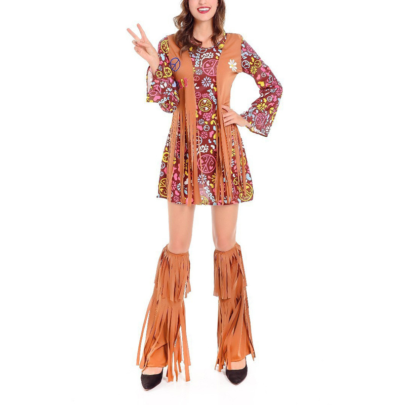 Women's Tassel 3-Piece Hippie Costume Set - Printed Long Sleeve Short Dress With Headscarf & Leg Warmers