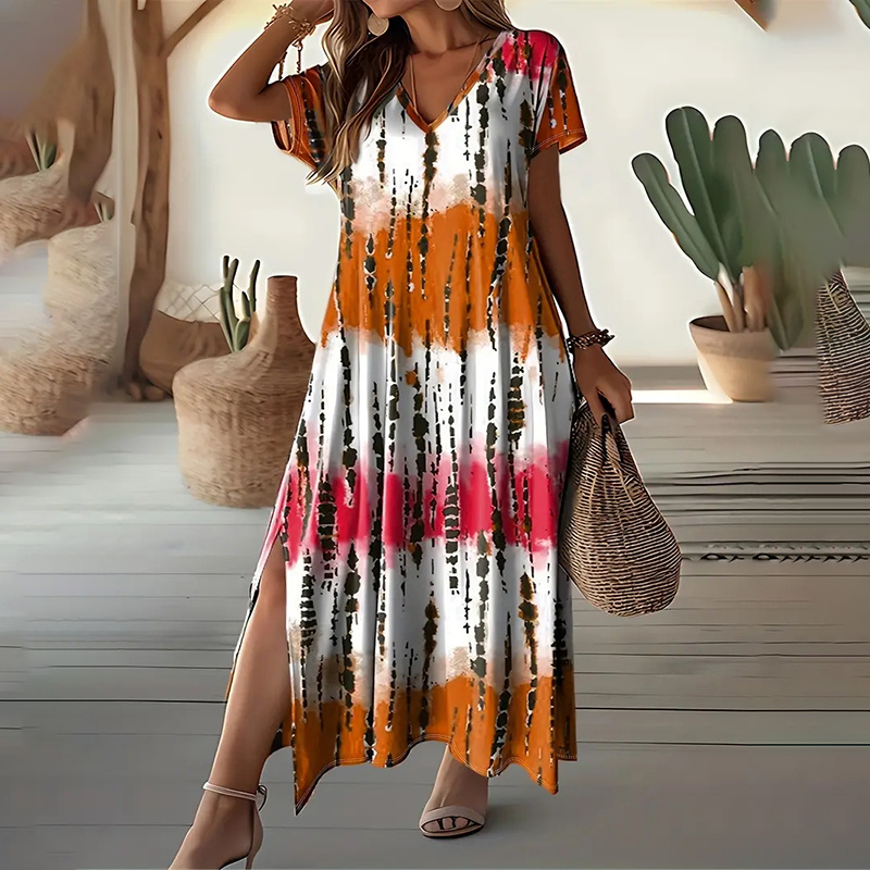 Women's Summer Tie Dye Maxi Dress Short Sleeve V Neck Casual Loose Long Split Dresses