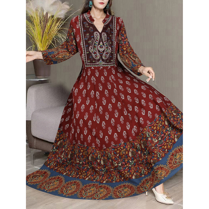 Women's Bohemian 3 4 Sleeve Floral Swing Dress Ethnic Embroidery Notched Neck Big Swing Dress