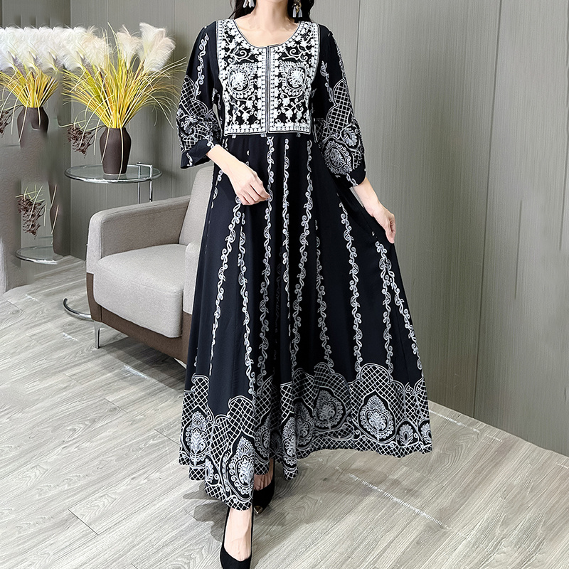 Women's Ethnic Style Floral Embroidered Dress, Elegant 3 4 Sleeve Swing Dress